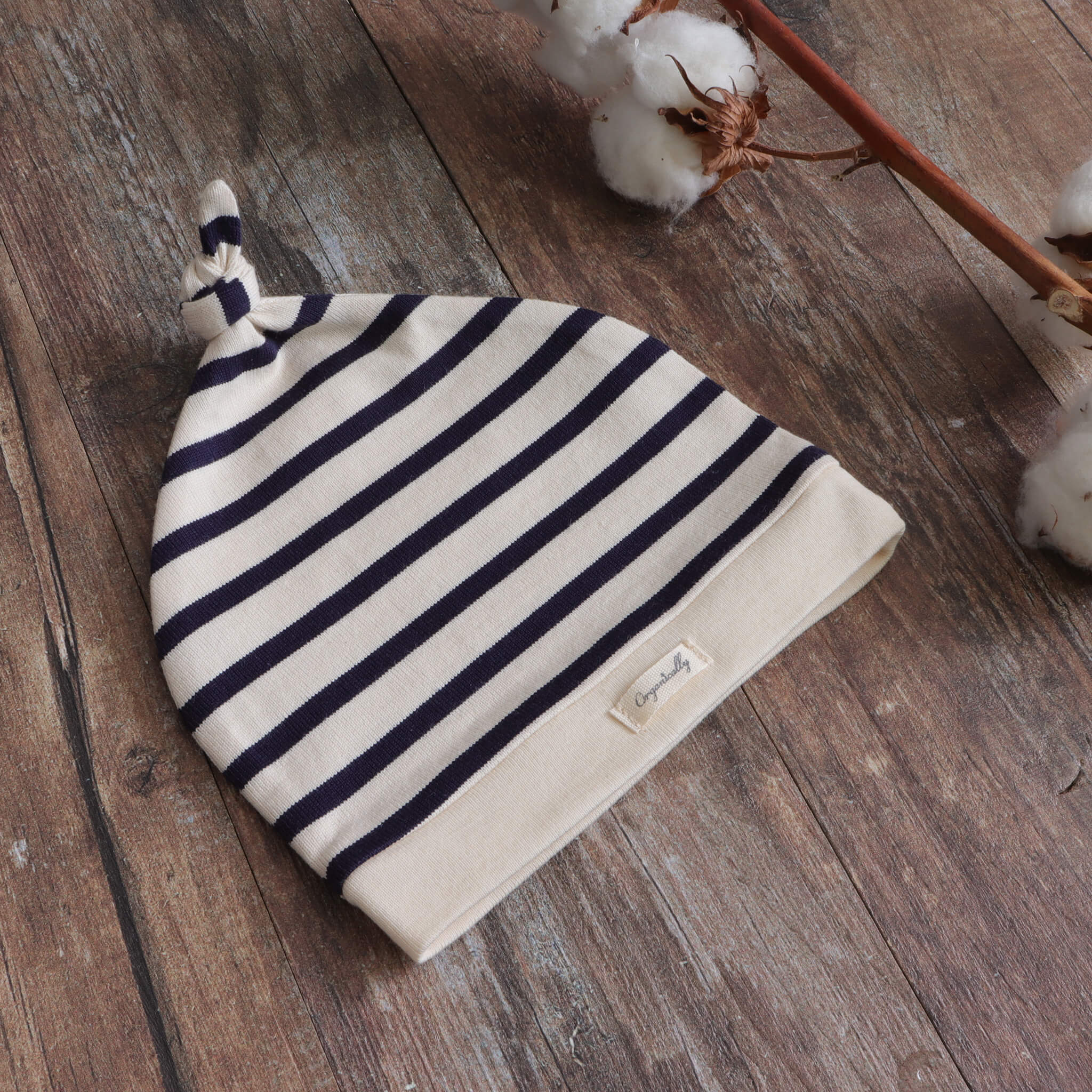 ボーダー結びベビー帽子(ネイビー)