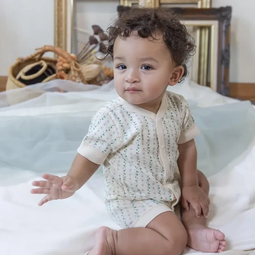 半袖ナチュラルプリントロンパース・グリーン60/70cm